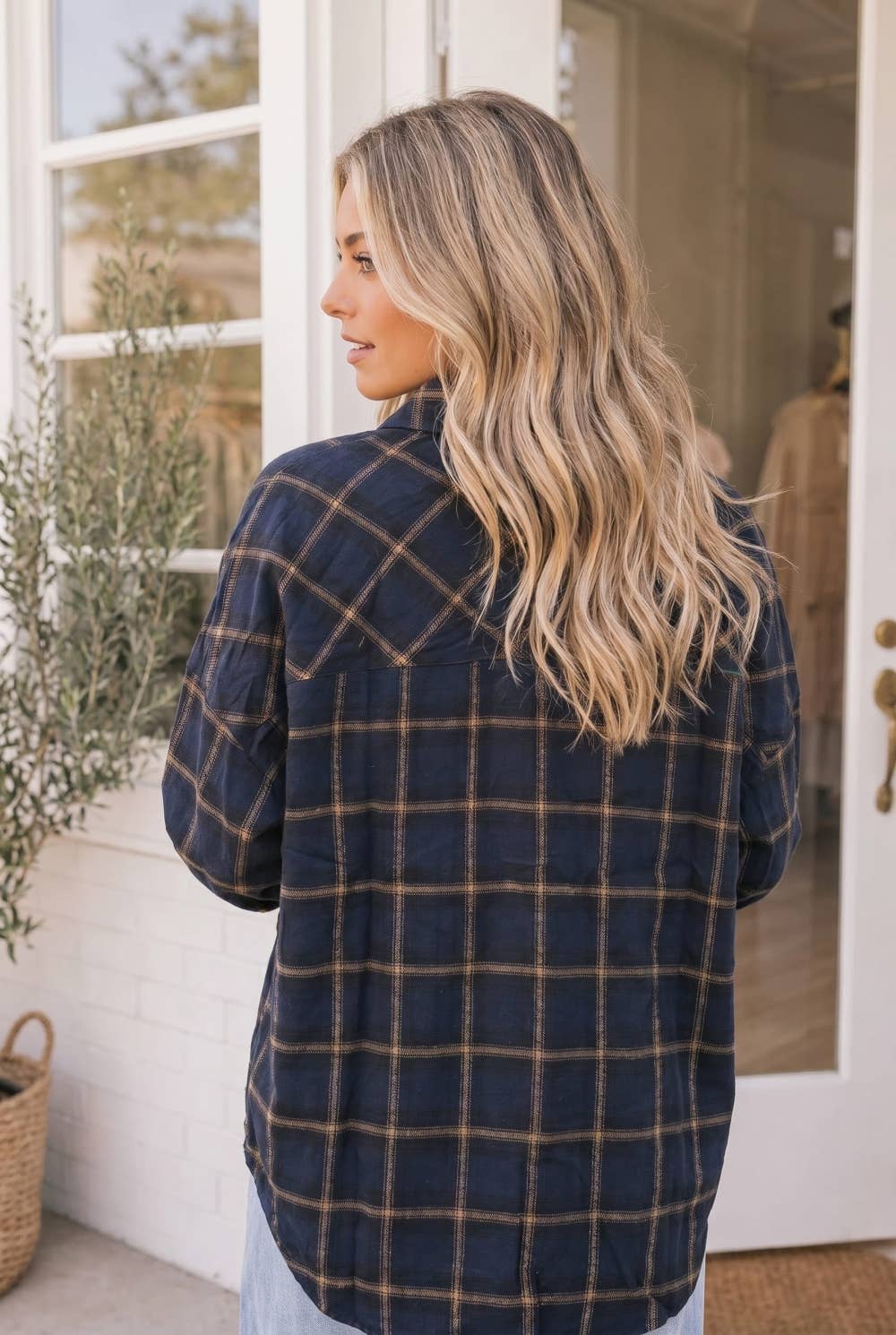 Relaxed Fit Navy Plaid Button Front Shirt