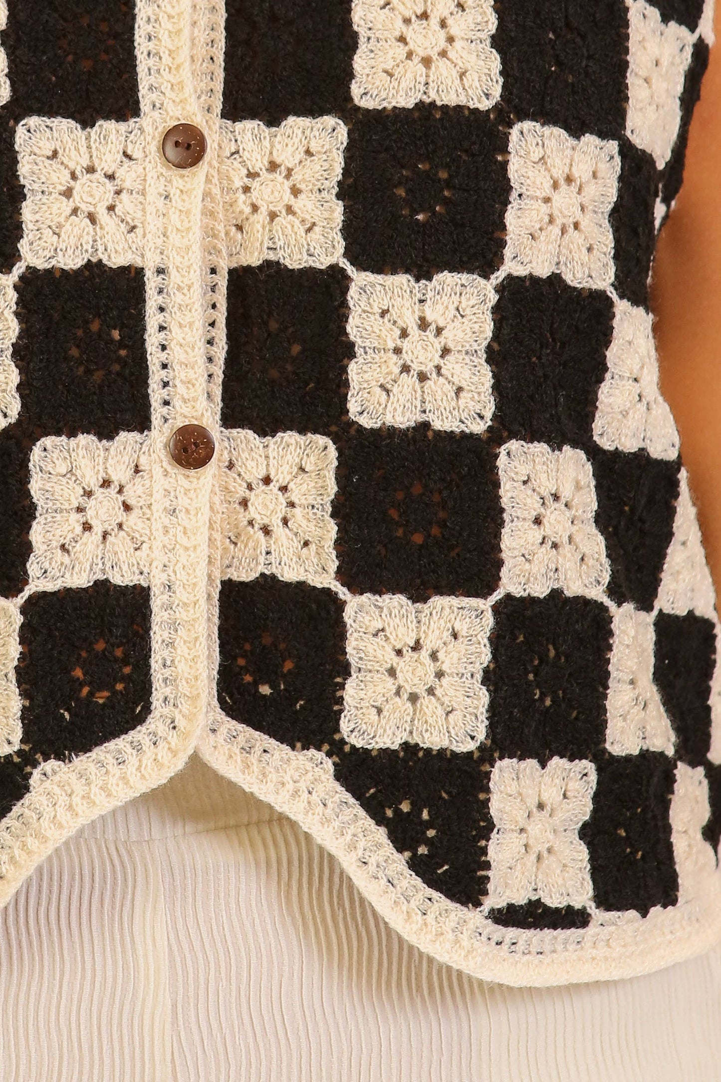 Lydia Crochet Checkerboard Button-front Vest