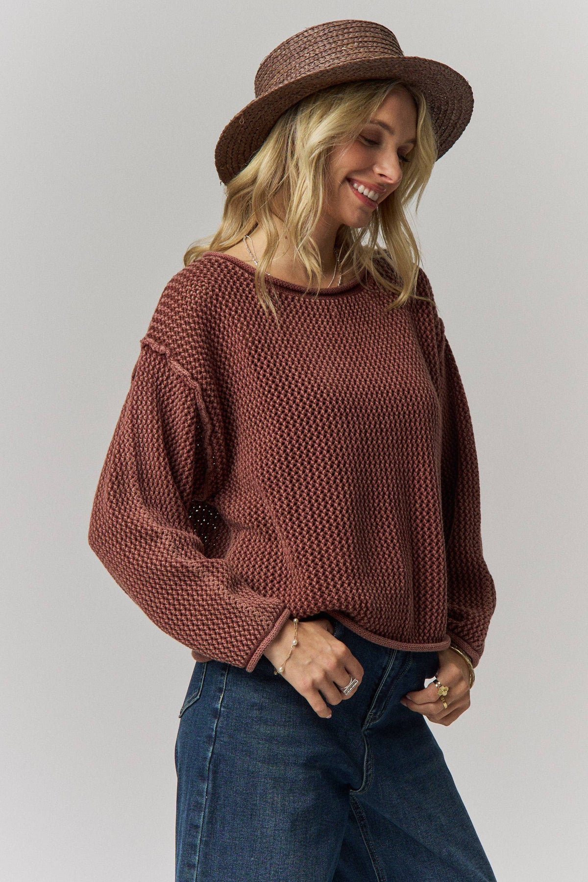 ROLLED HEM TEXTURED KNIT SWEATER