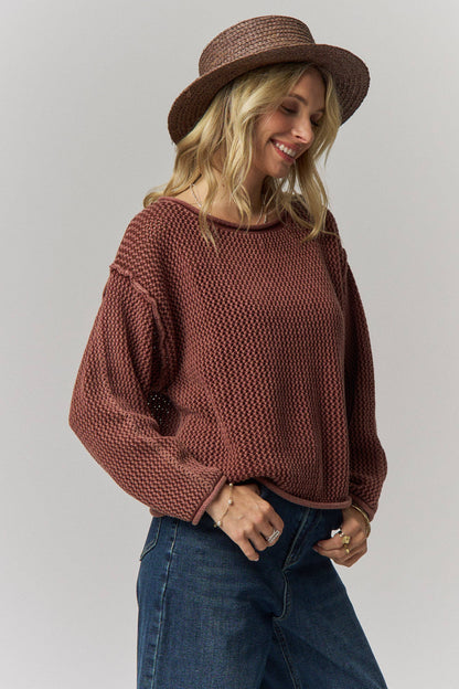 ROLLED HEM TEXTURED KNIT SWEATER