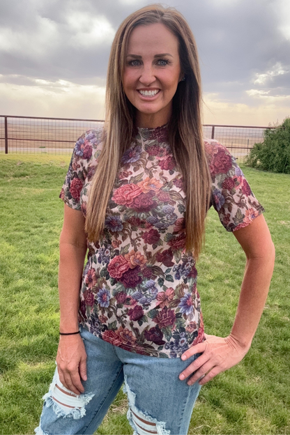 Vintage Floral Short Sleeve Mesh Top