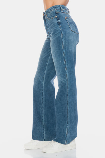 Tallie Judy Blue Full Size Tummy Control Cut Raw Hem Straight Jeans