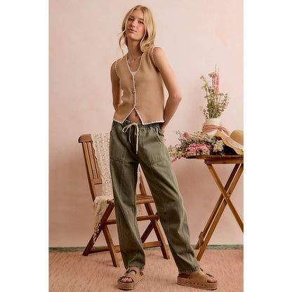 MID RISE WAIST DRAWSTRING BARREL JEANS PANTS