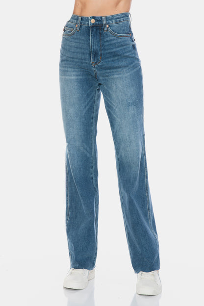 Tallie Judy Blue Full Size Tummy Control Cut Raw Hem Straight Jeans