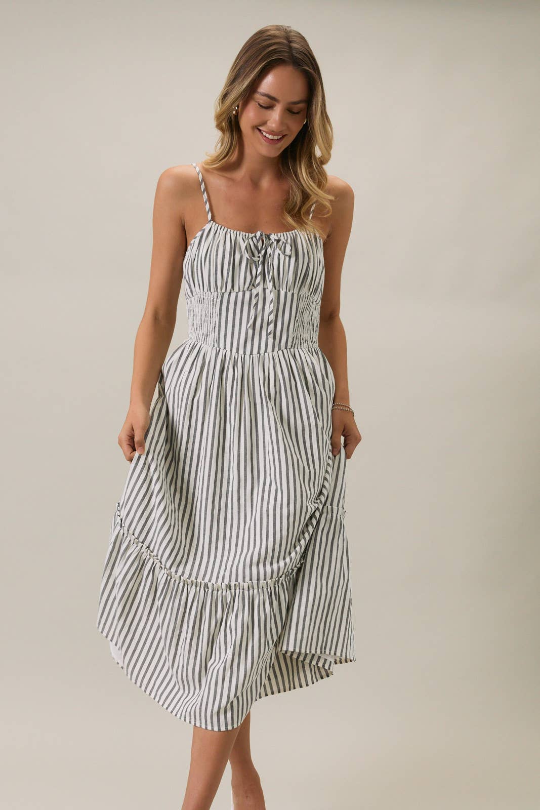 SMOCKED MIDI DRESS WITH KEYHOLE