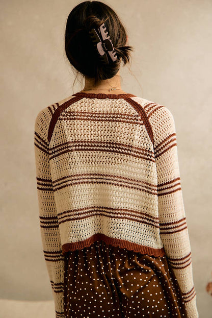 STRIPE OPEN KNIT TIE SWEATER TOP