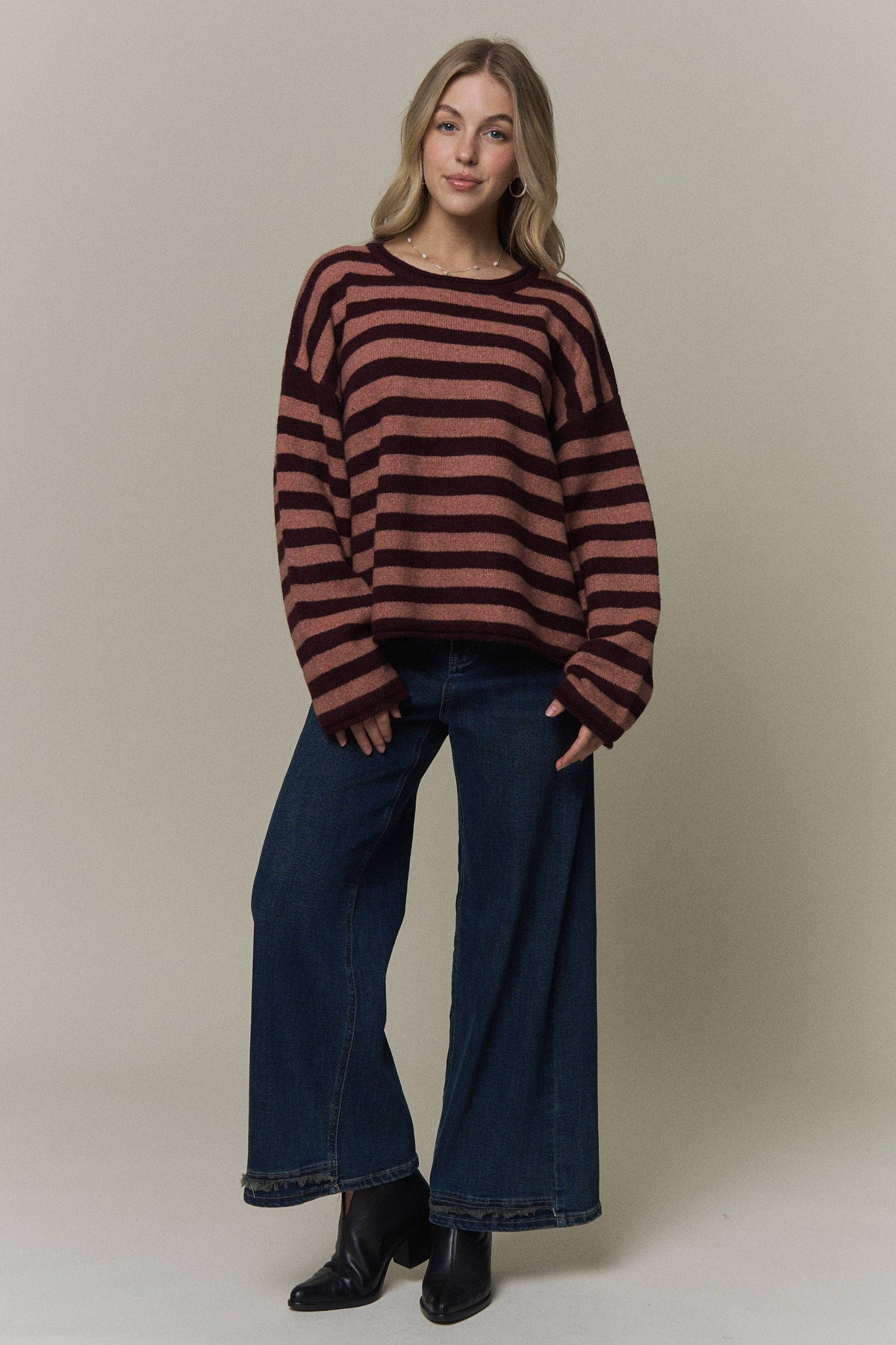 STRIPED ROLLED CREW NECK SWEATER
