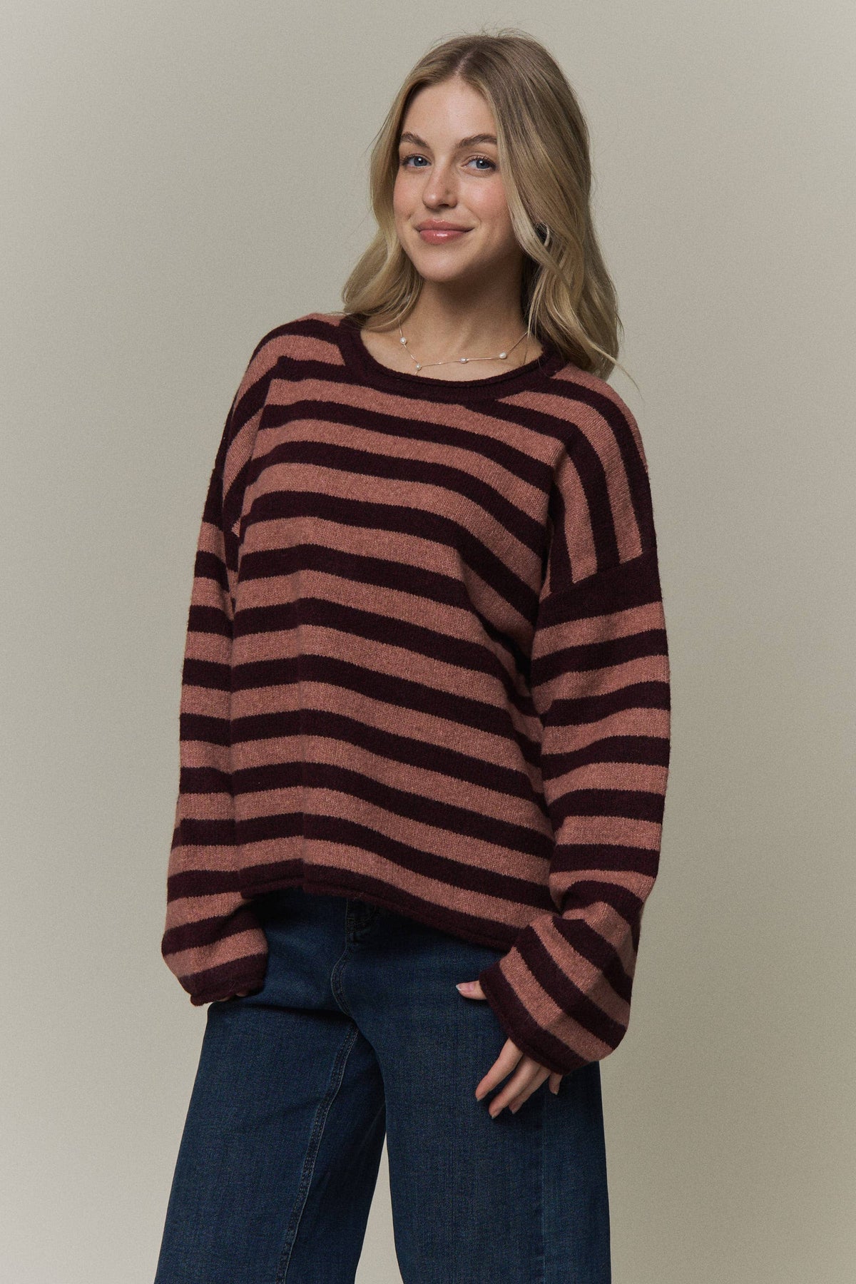STRIPED ROLLED CREW NECK SWEATER