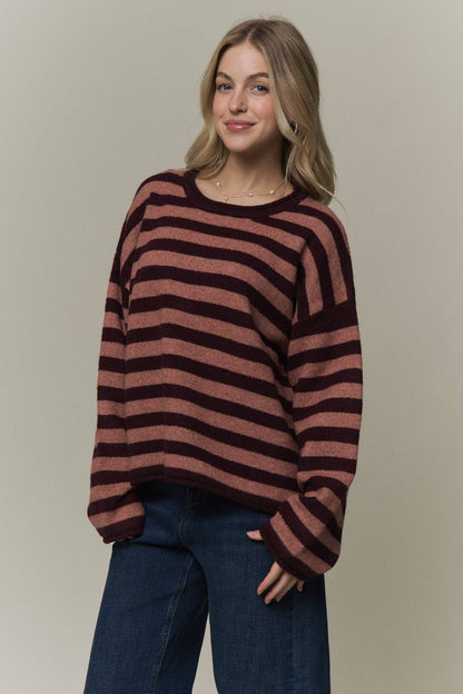 STRIPED ROLLED CREW NECK SWEATER