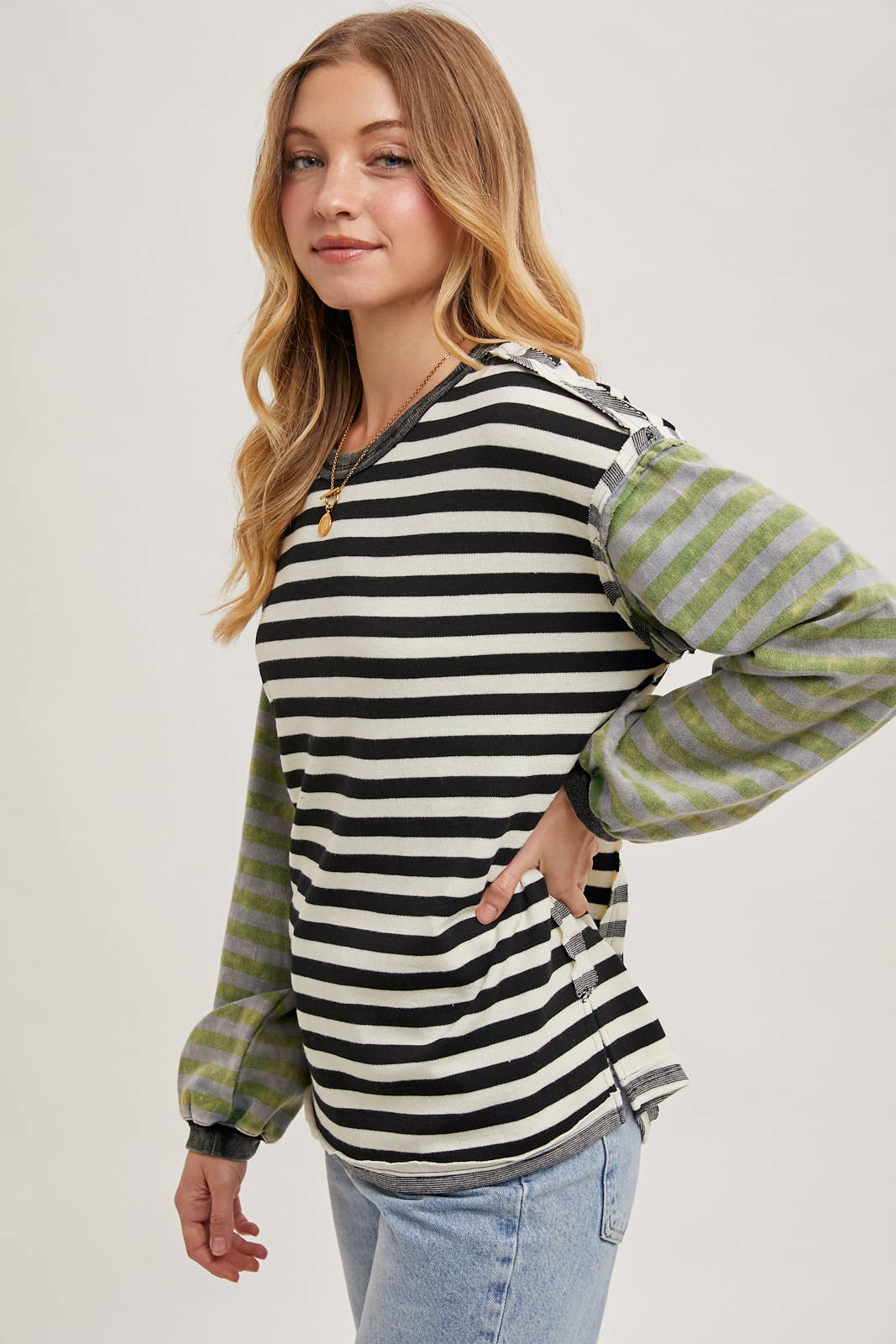 LAUREN STRIPE CONTRAST EXPOSED SEAM LOOSE FIT KNIT PULLOVER