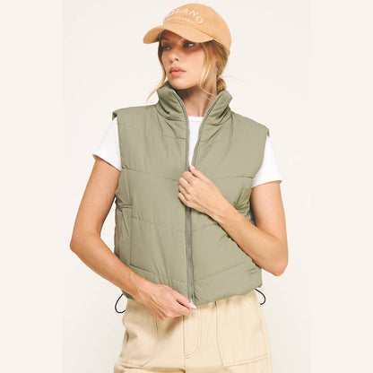 OLIVE CHEVRON QUILTED CROPPED PADDED VEST