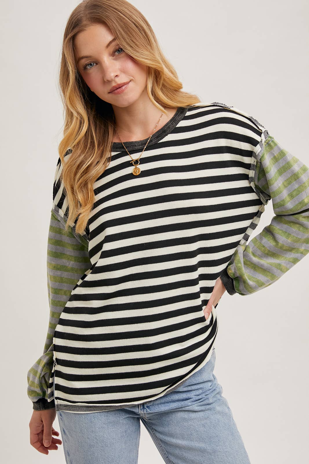 LAUREN STRIPE CONTRAST EXPOSED SEAM LOOSE FIT KNIT PULLOVER