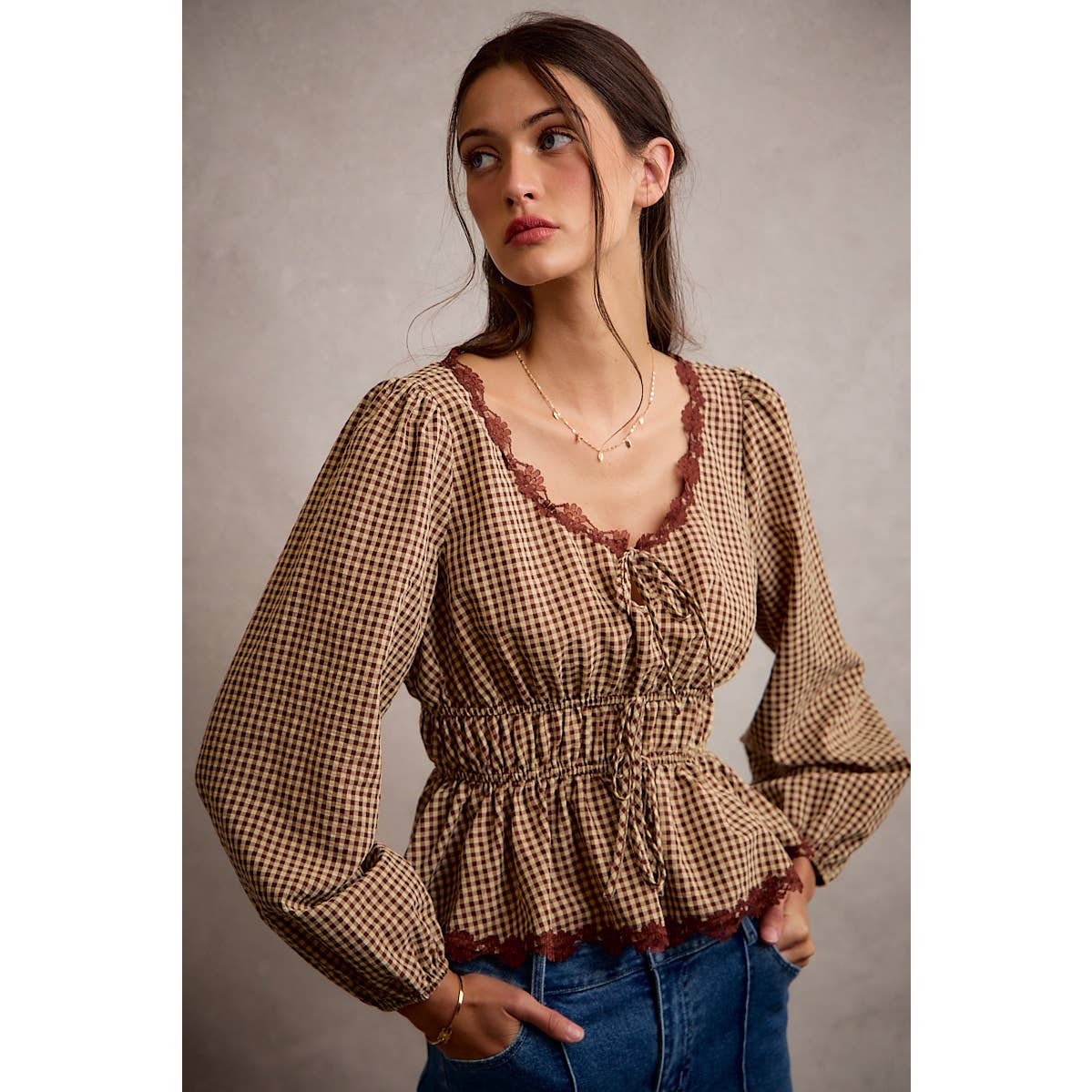 GINGHAM CHECK LACE TRIM RUCHED BODICE BLOUSE TOP