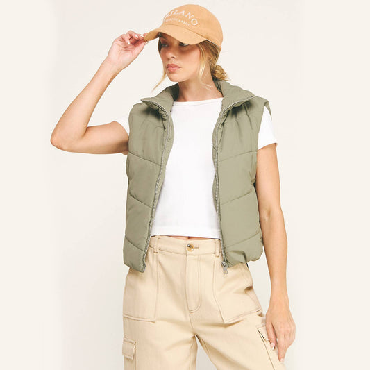 OLIVE CHEVRON QUILTED CROPPED PADDED VEST