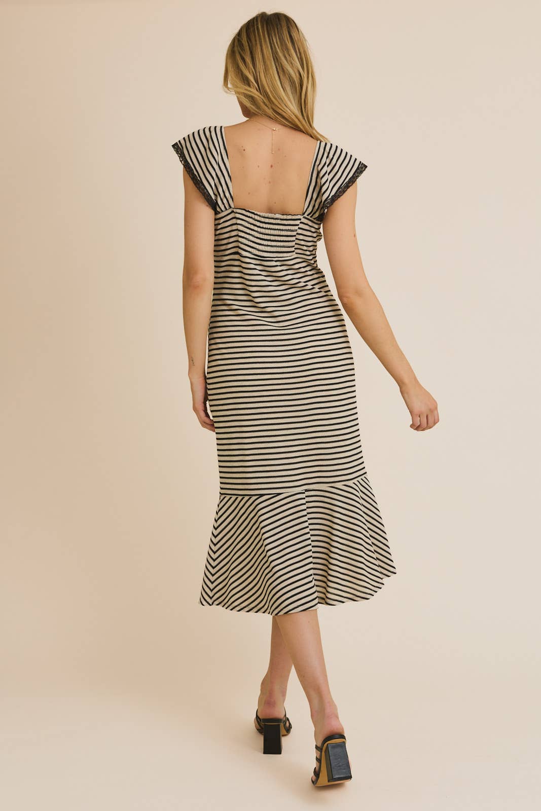 SWEETHEART FRONT TIE WITH LACE TIRM STRIPE DRESS