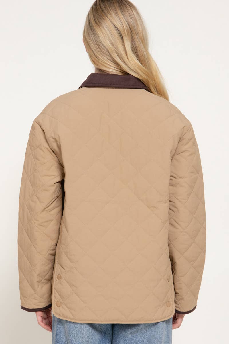 Lapel Collar Quilted Puffer Work Jacket w/ Pockets