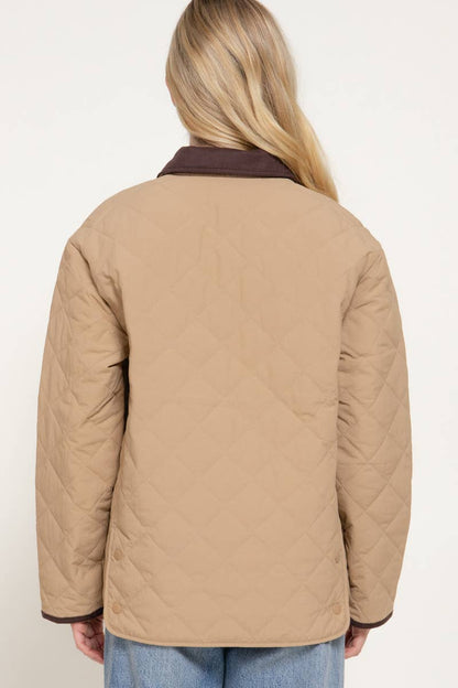 Lapel Collar Quilted Puffer Work Jacket w/ Pockets