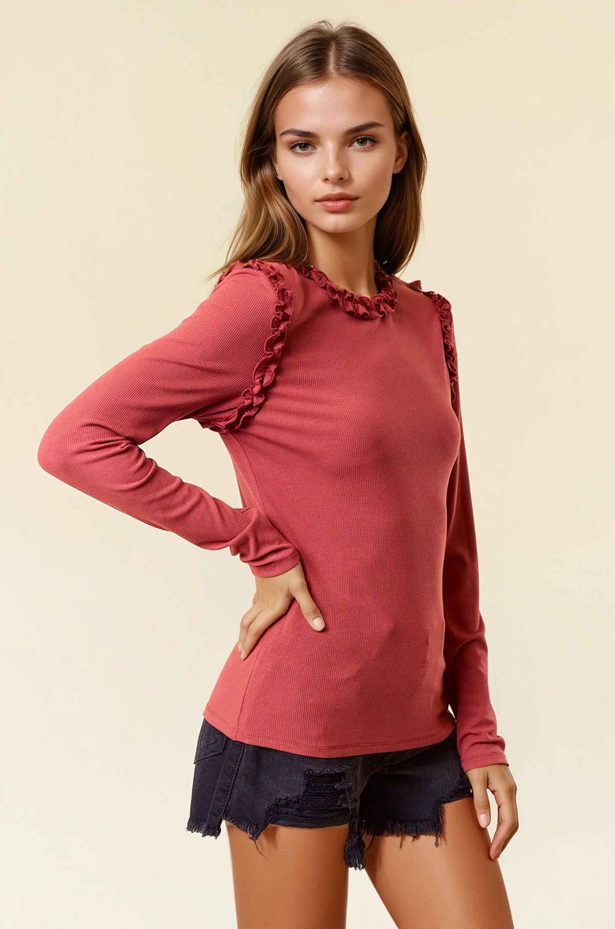 JILLIAN Soft Ribbed Ruffle Long Sleeve