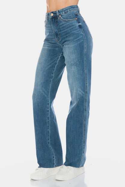 Tallie Judy Blue Full Size Tummy Control Cut Raw Hem Straight Jeans
