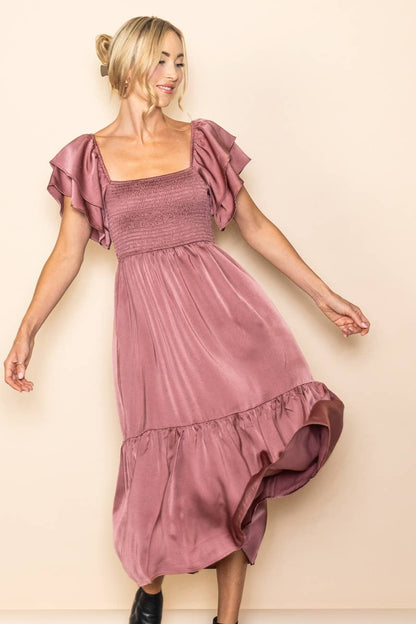 Flowy Flutter Sleeve Smocked Satin Dress