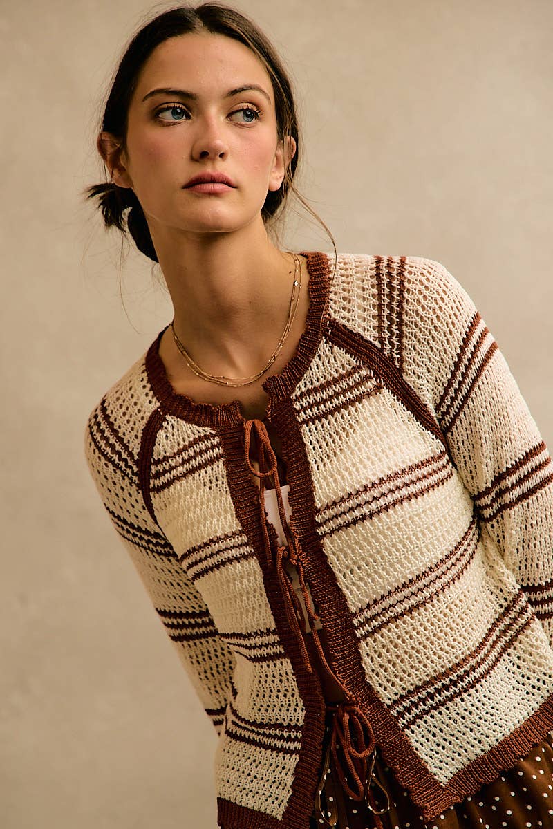 STRIPE OPEN KNIT TIE SWEATER TOP