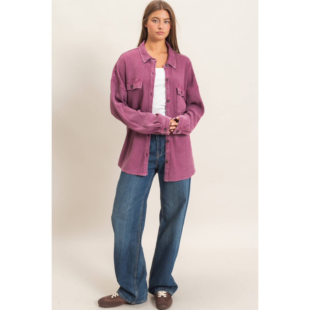 Mineral Wash Waffle Knit Button-Up Shacket