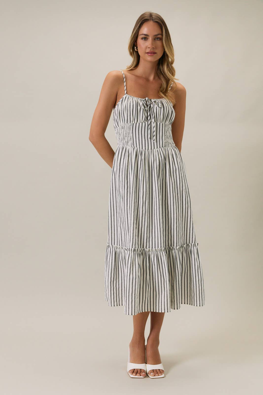 SMOCKED MIDI DRESS WITH KEYHOLE