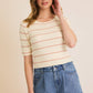 CREAM\PINK ROUND NECK STRIPE HALF SLEEVE RIBBED TOP