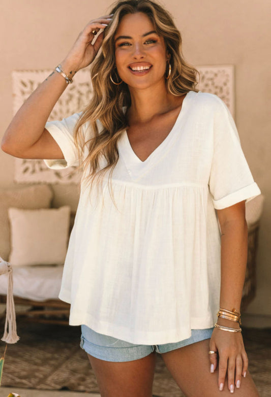 White Simple Frayed Babydoll Tee